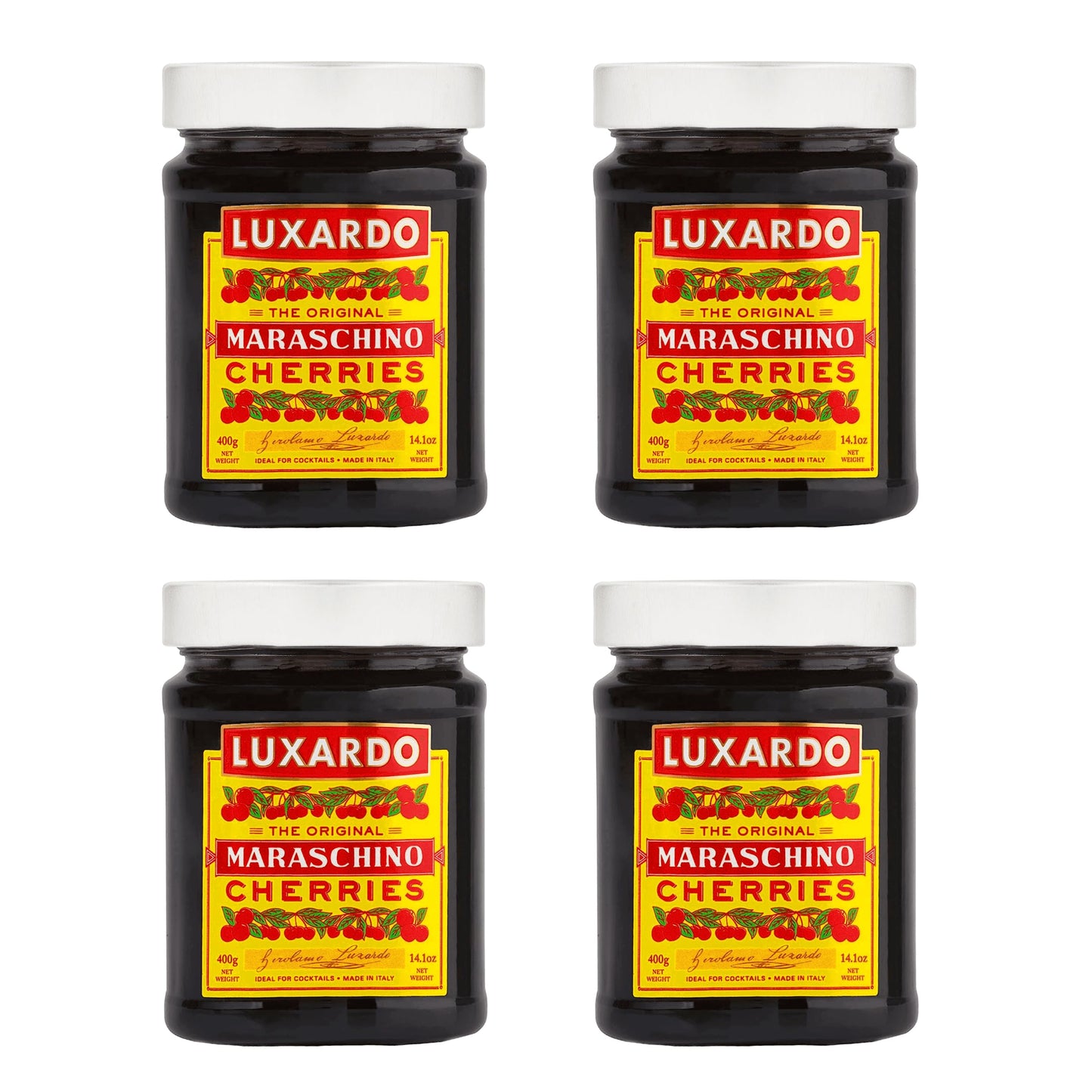 Luxardo The Original Maraschino Cherries | Gourmet Italian Cocktail Maraschino Cherries | for Old Fashioned  Manhattan and Desserts | Approximately 65 Cherries Per 400G Jar [Pack of 4]