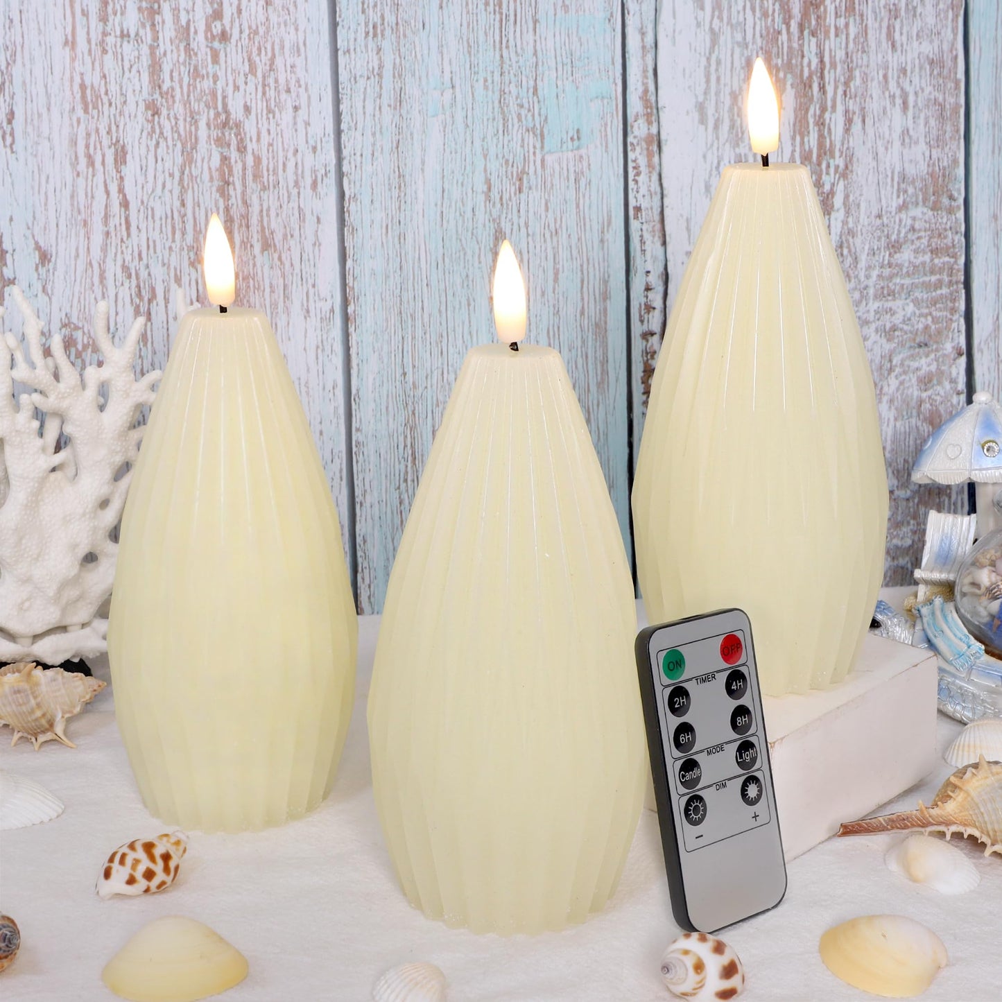 Silverstro Irregular Flameless Candles with Remote Control & Timer Function, Real Wax Flicker Battery Operated Candles for Home Party Wedding Nautical Christmas Ocean Decor - Set of 3(Ivory)