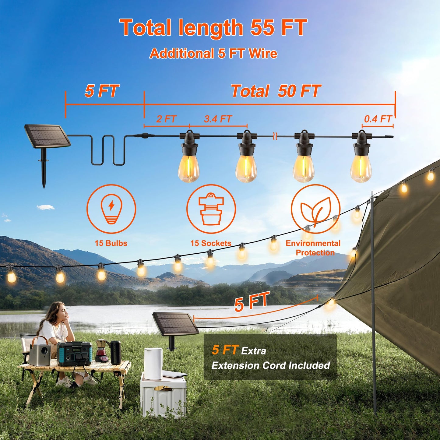 Stright Solar String Lights 55FT 15 Sockets Waterproof Warm White E12 S14 Bulbs Remote Control with USB Charging Port