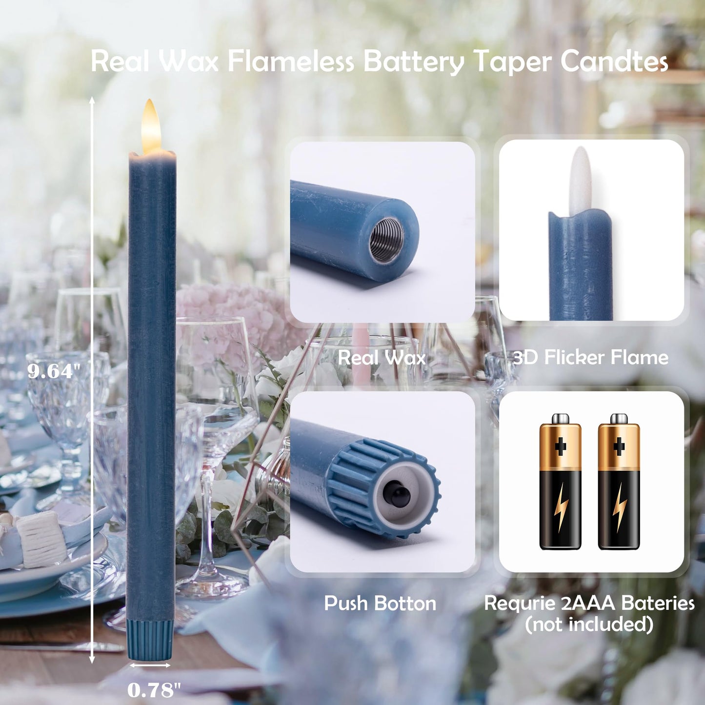 SEHNSY Flameless Taper Candles with Remote, Real Wax Battery Operated LED Candles Set with 3D Flickering Flame, 9.6" Realistic Dripless Candlesticks for Wedding Home Decor, 3 Pack Blue