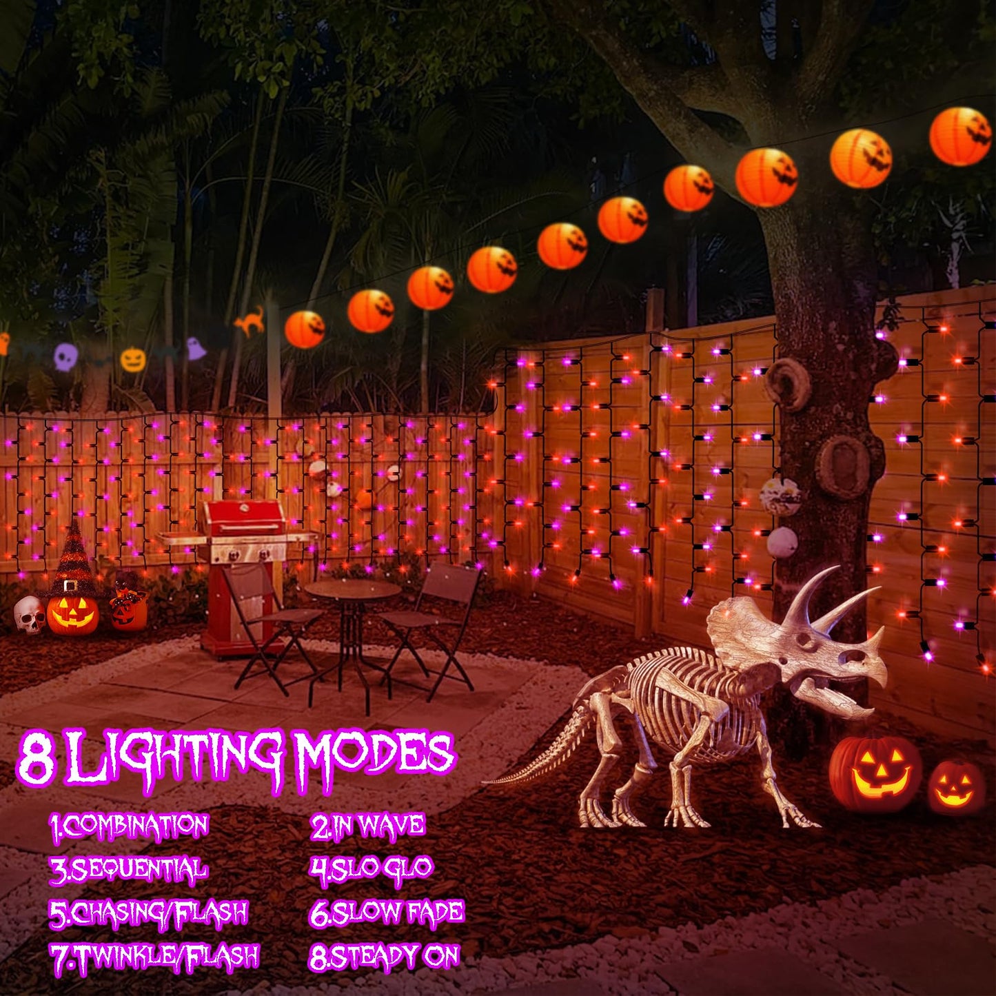 Dbfairy Purple Orange Solar Halloween Curtain Lights 300 Led 19.6Ft X 3.3Ft Waterproof 8 Modes For Outdoor Decoration