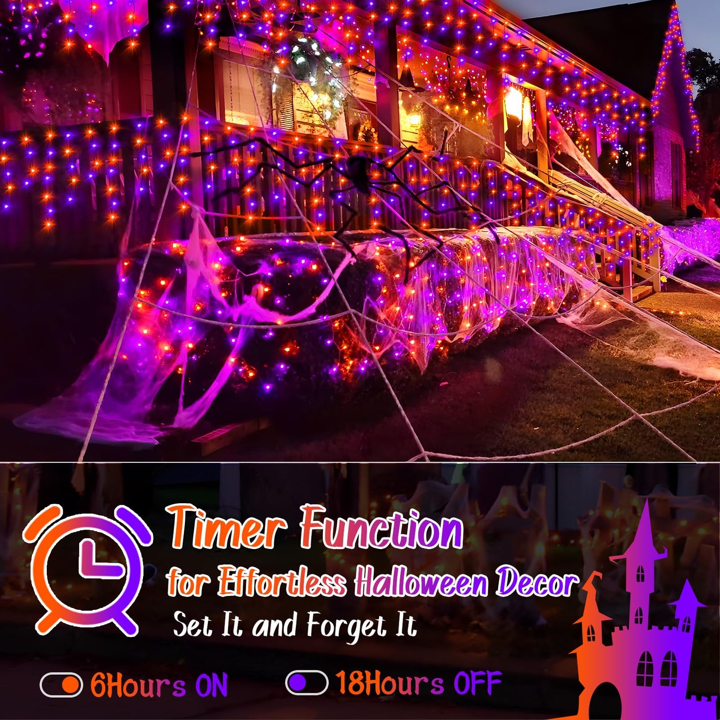 KNONEW Outdoor Halloween String Lights, 33FT 400 LED, Orange Purple, Black Wire, 8 Lighting Modes, Timer, Model KN-1000-LIG168-01