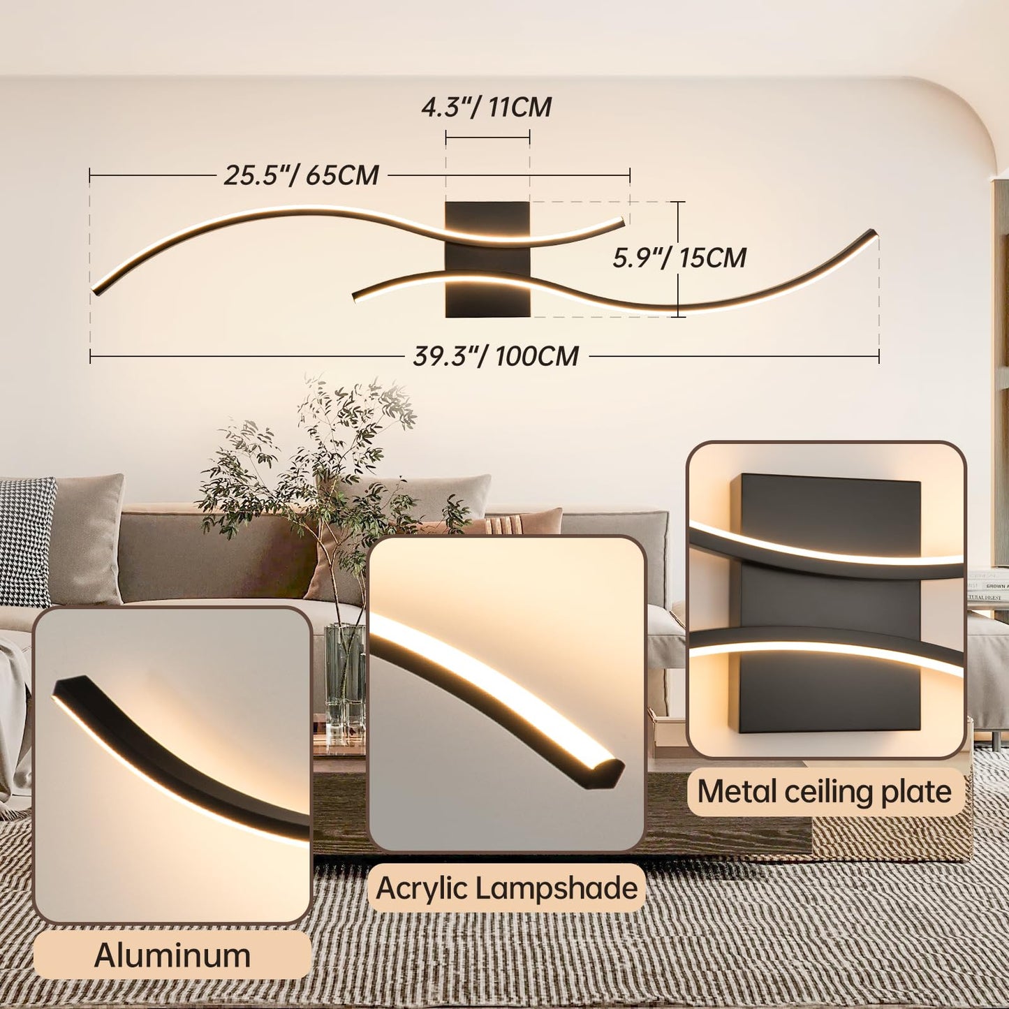 Caneoe Modern Led Wall Light Sconce, 39 Black Aluminum, Warm White 3000K, Ideal For Bathroom, Living Room, Bedroom, Hallway
