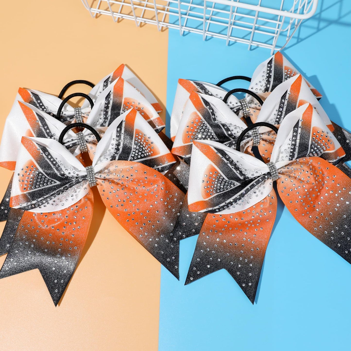 DEEKA 6PCS 8 Large Glitter Cheer Bows Black and Orange Gradient Color Rhinestone Shiny Cheer Hair Bows Elastic Band Ponytail Hol