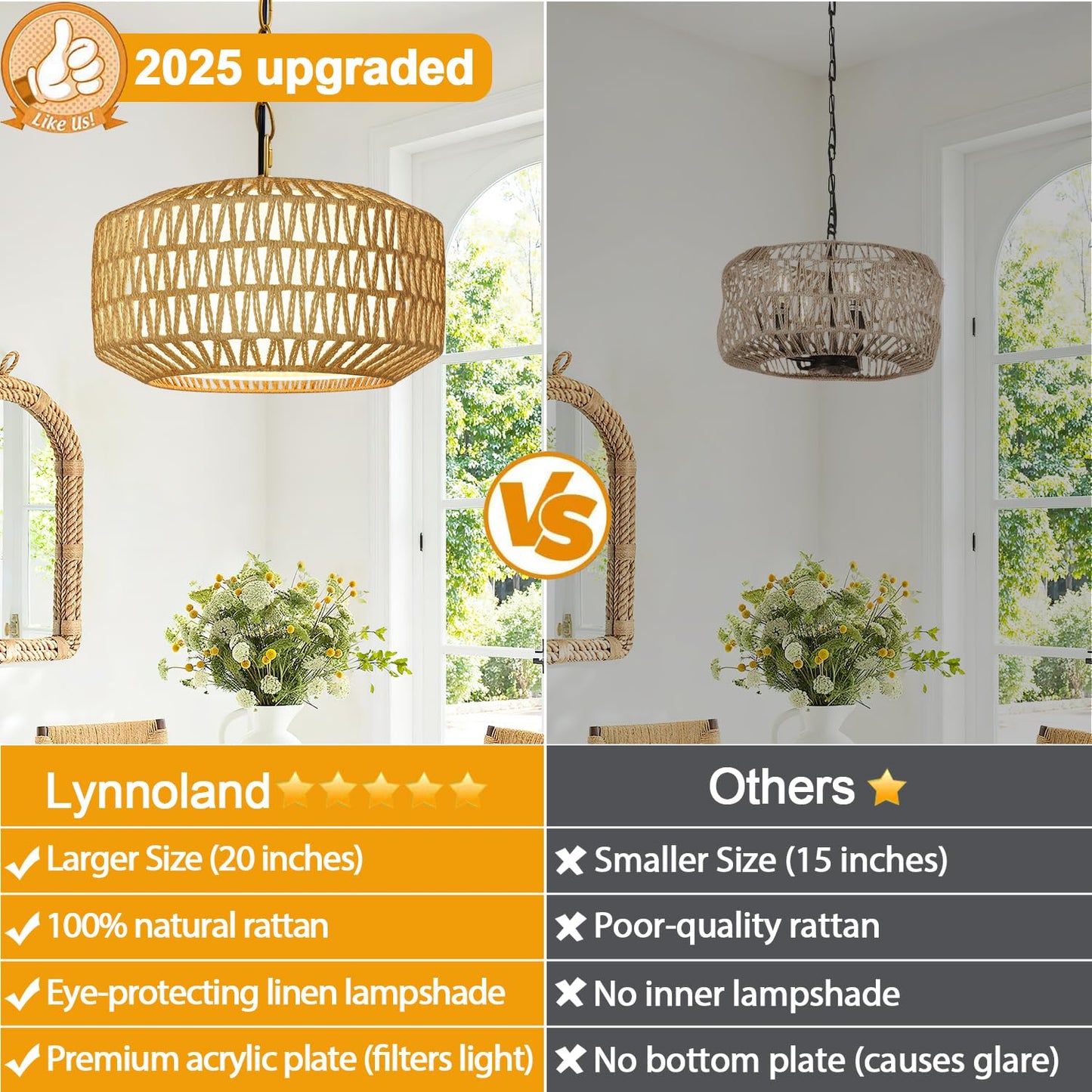 Farmhouse Gold Chandelier Light Fixture  5-Light Rustic Boho Chandeliers With Rattan & Linen Shade  Gold Hanging Lighting For Dining Room  Kitchen Island  Bedroom (Bulbs Not Included)