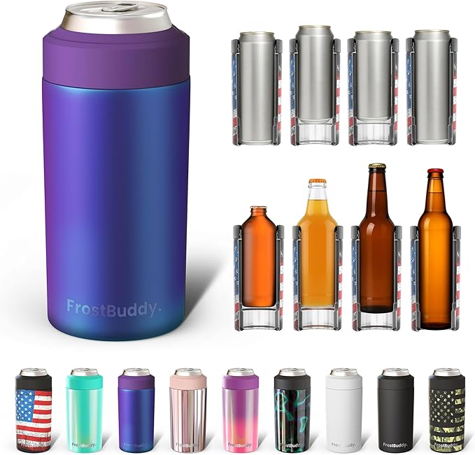 Frost Buddy Universal Buddy Can Cooler - Fits All - For Regular 12 & 16 oz or Slim-Size Bottles - Insulated Double-Walled Stainless Steel (Nebula)