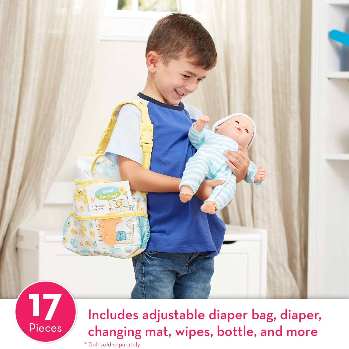 Melissa & Doug Mine to Love Travel Time Play Set for Dolls with Diaper Bag, Bottle, Sunscreen, More (17 pcs) - Baby Doll Accessories, Baby Doll Sets For Kids Ages 3+
