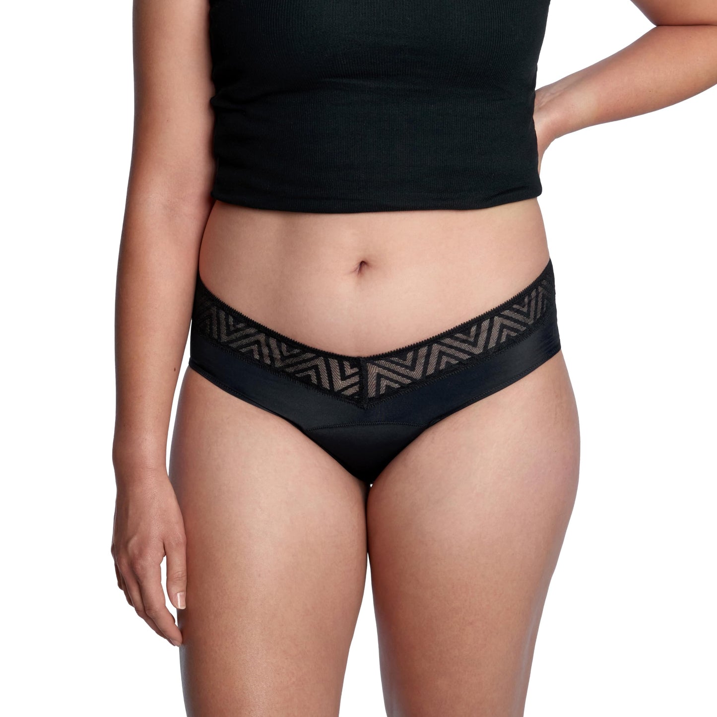 THINX Period Underwear, Comfort-Stretch Hip Huggers, Holds Up to Regular 12 Tampons*, Period Panties, Menstrual Underwear for Women, Leakproof & Reusable, Black with Lace, M