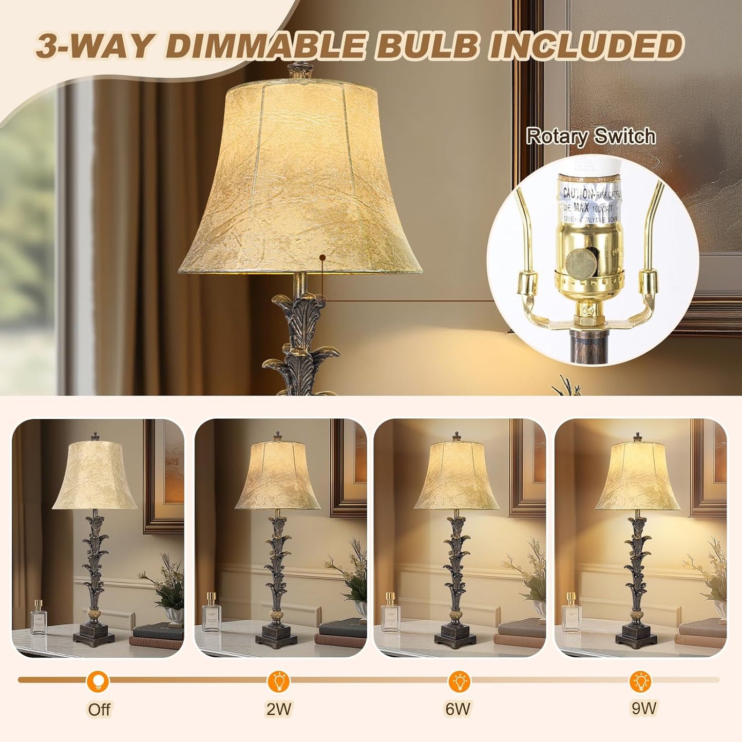 Table Lamps Set of 2 for Living Room, 33'' Tall Bedside Table Lamps with 3 Way Dimmable Bulbs, Farmhouse Buffet Lamps with Laux Leather Shades, Vintage Brown Desk Lamps for Nightstand Bedroom Office