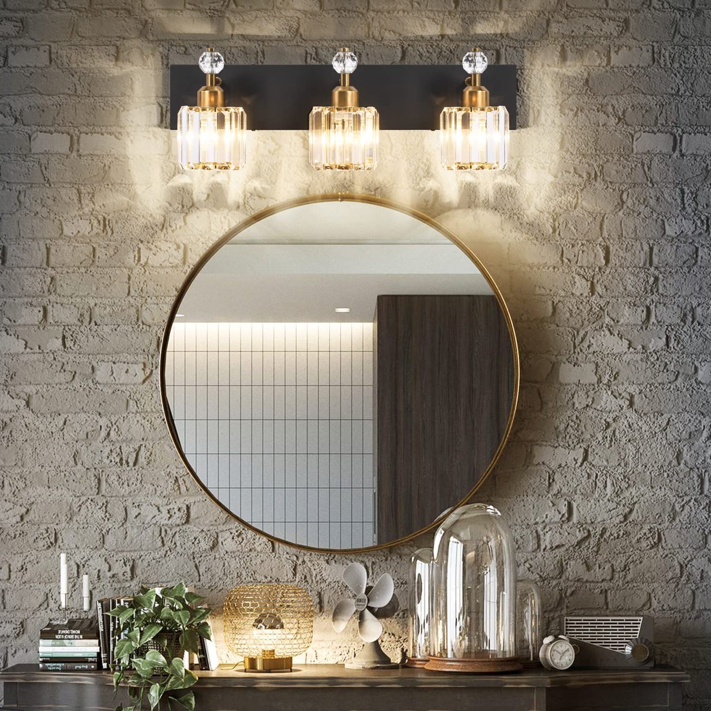 PRESDE 3-Light Bathroom Vanity Lights Fixtures, Black Gold Crystal, Modern Wall Lighting