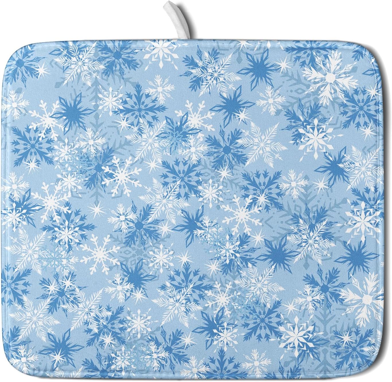 Winter Snowflake Dish Drying Mat for Kitchen Counter Blue White Christmas Snowflake Drying Mat 16x18 Inch Xmas Holiday Absorbent Dish Drainer Mat Christmas Kitchen Accessories