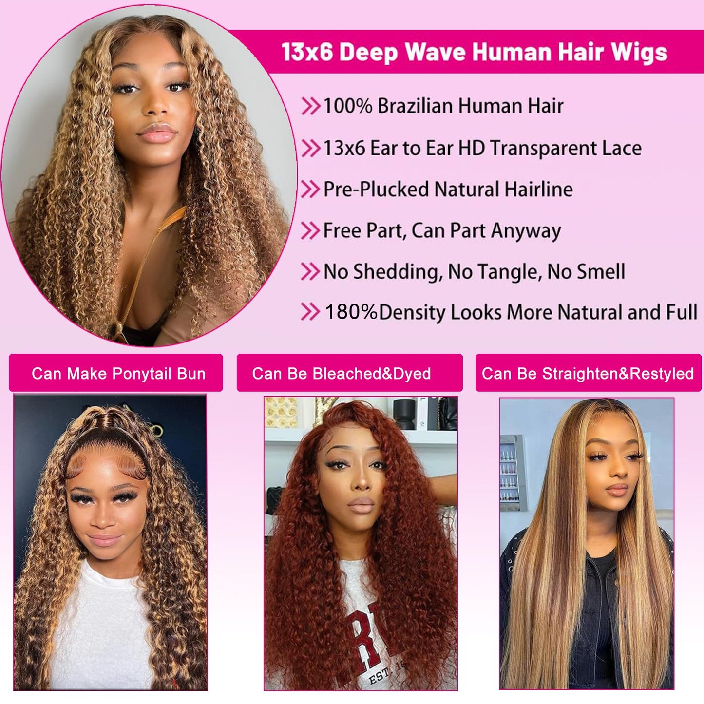26 Inch Highlight Ombre Lace Front Wig Human Hair 13x6 HD Honey Blonde 4/27 Deep Wave Lace Front Wigs Human Hair 180% Density Co