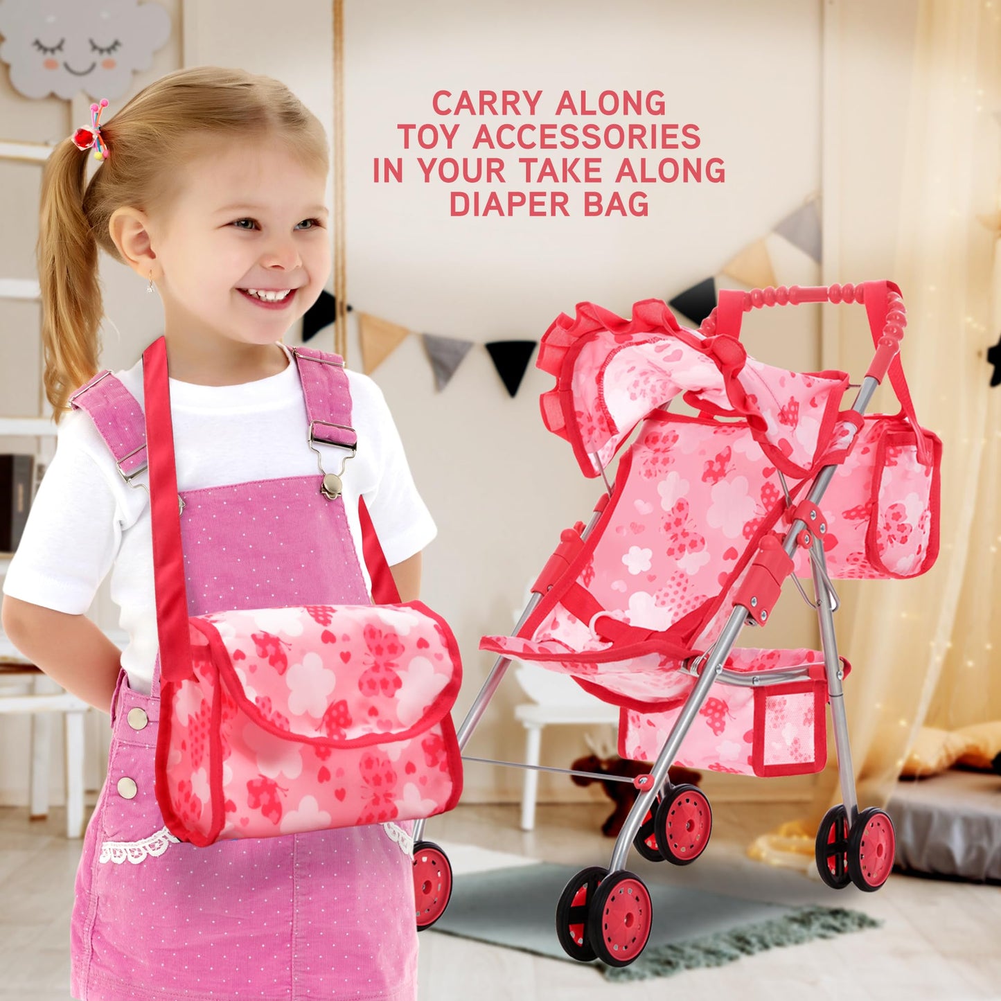 Dolls To Play Baby Doll Stroller Bed and Seat Nursery Playset, Accessories Furniture Set High Chair Diaper Bag Role Play Deluxe Set