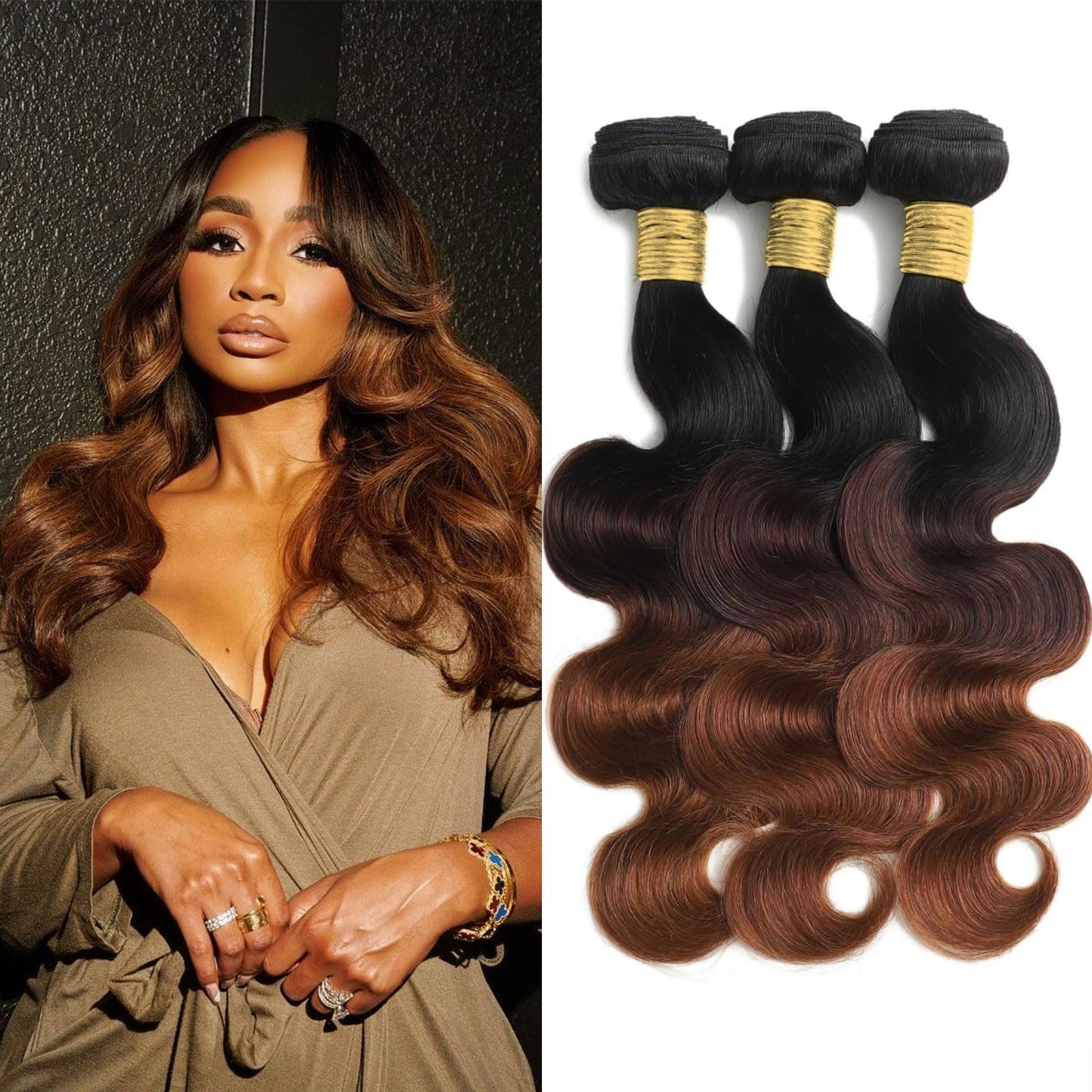 T1B/2/30 Chestnut Brown Ombre Human Hair Bundles Body Wave 100% Real Virgin Human Hair Bundles 10 12 14 Inch Dark Roots Bundle 3