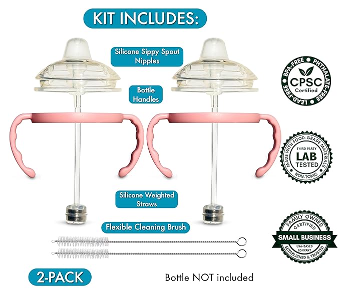 Sippy Cup Conversion Kit for Comotomo Baby Bottles 2-Count, Soft Food Grade Silicone Spout Nipples, All Silicone Weighted Straw, Bottle Handles, Cleaning Brush, BPA-Free, 4+ months (Sippy Spout, Pink)