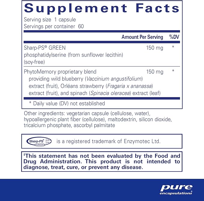 Pure Encapsulations PS Plus | Hypoallergenic Formula for Memory, Brain Processing and Overall Cognitive Function | 60 Capsules