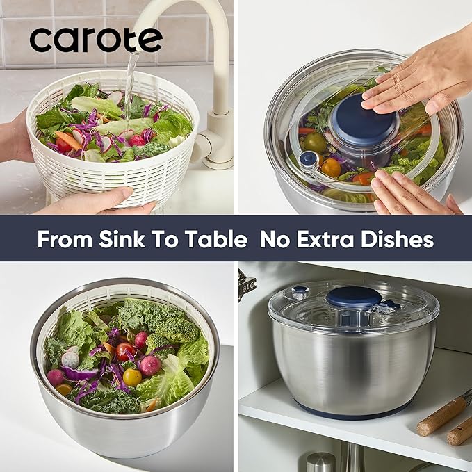 CAROTE 6.4 Qt Stainless Steel Salad Spinner, Large Lettuce Spinner Vegetable Fruit Washer, Vegetable Cleaner Salad Cleaner Lettuce Washer, Non-Slip Base, Multifunctional for Salad, Fruits