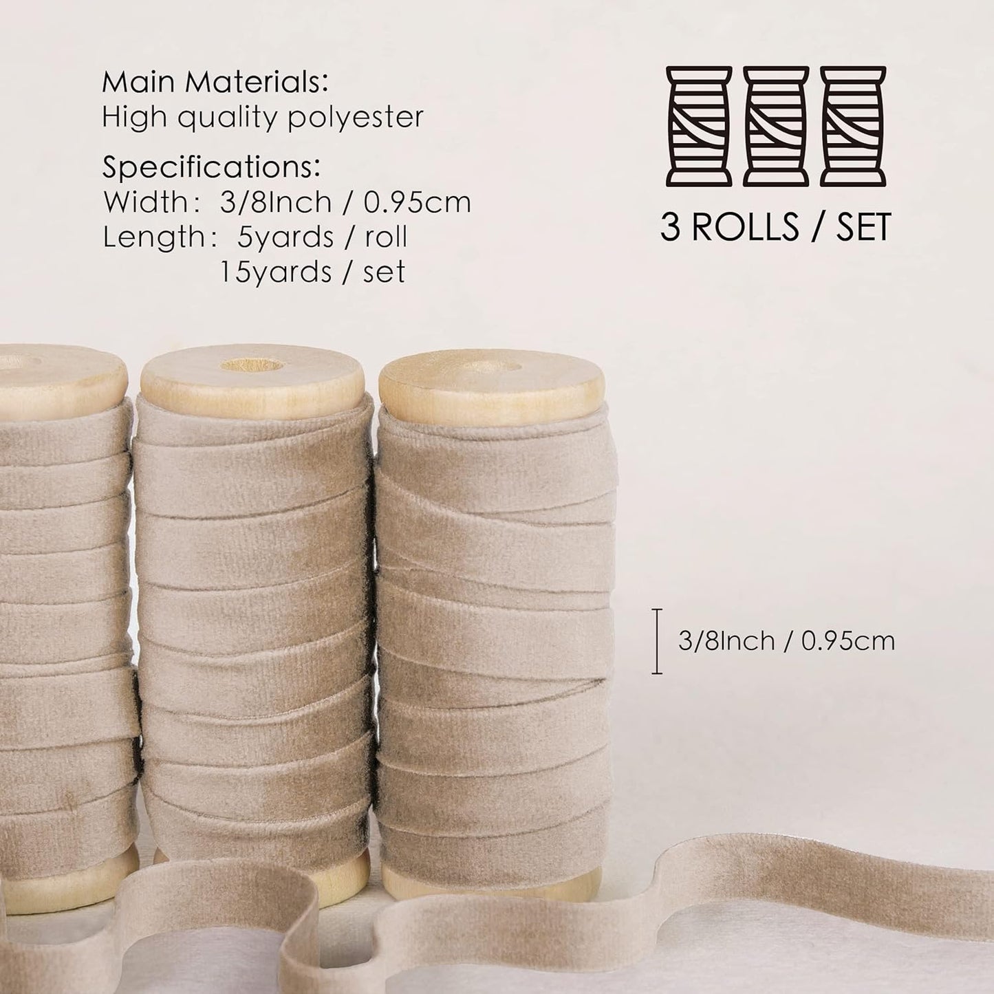 Vitalizart Camel Velvet Ribbon Set 3/8"" x 15 Yd Wooden Spool Fabric Trim 3 Rolls * 5 Yd for Christmas Wreath Decoration Handmade Craft Ornaments Gift Wrapping & Bow Making