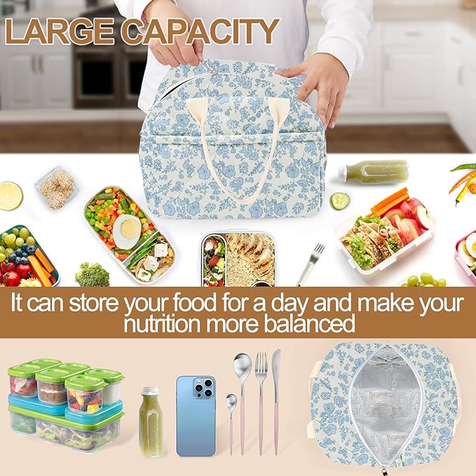Cotton Quilted Insulated Lunch Bag, Cute Quilted Floral Lunch Tote Bags Reusable Insulated Lunch Box Coquette Aesthetic Large Capacity Insulated Cooler for Women Work Travel Picnic (Big Blue Flowers)