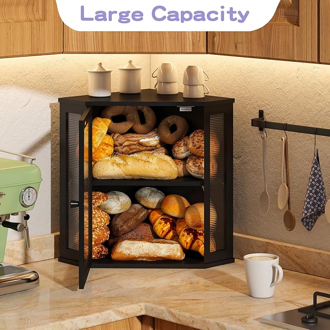 Corner Bread box for Kitchen Countertop,Farmhouse Bread Box with Acrylic Wavy Door Panel,Large Bread box for kitchen countertop,Kitchen Countertop Food Storage Container (Black, Extra Large)