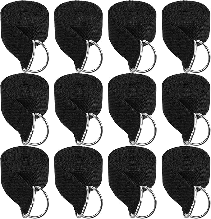 12 Pack Yoga Straps for Stretching, 6 Ft Black Exercise Bands with Adjustable D Ring Buckles for Pilates, Gym Fitness, Fle...