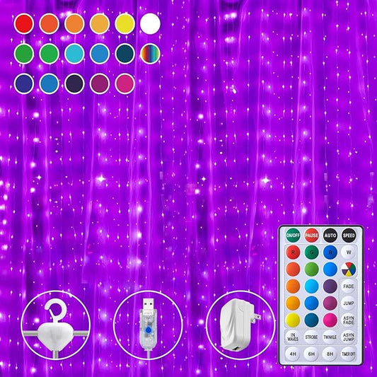 16 Colors Changing Curtain Lights - 250 LED 9.8 X 8.8 FT Fairy String, 7 Modes Twinkle with Remote, Backdrop Wall Hanging ...