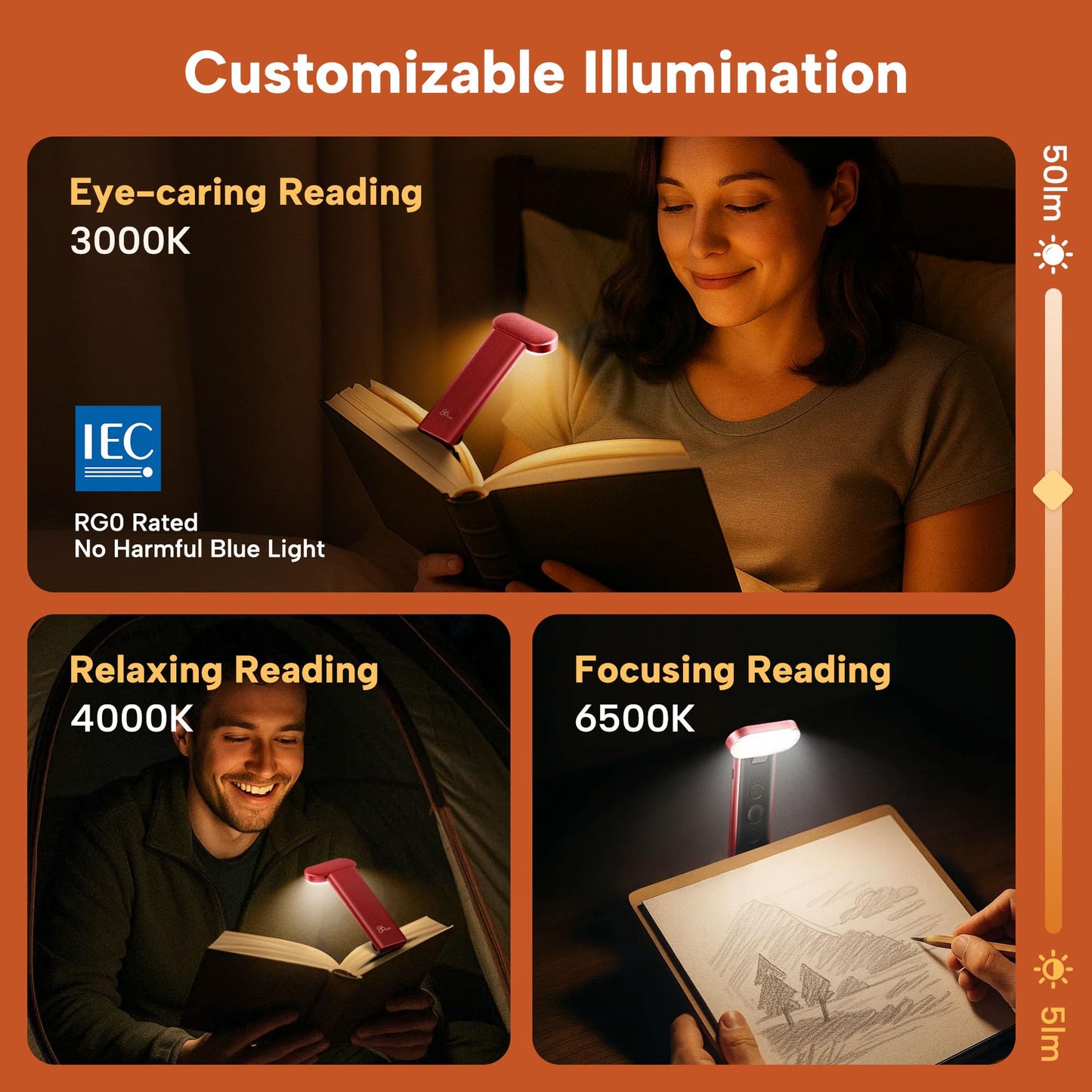 86lux Book Light, USB Rechargeable LED Reading Light, 3 Colors & Dimming, Aluminum, Model OK25, Red