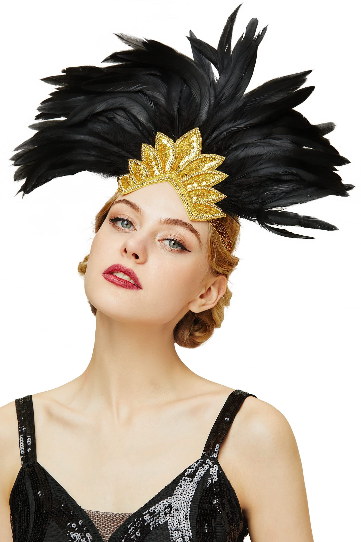 BABEYOND Carnival Feather Headpiece Showgirl Pageant Headband Women's 1920s Flapper Headband (Gold Crystal)