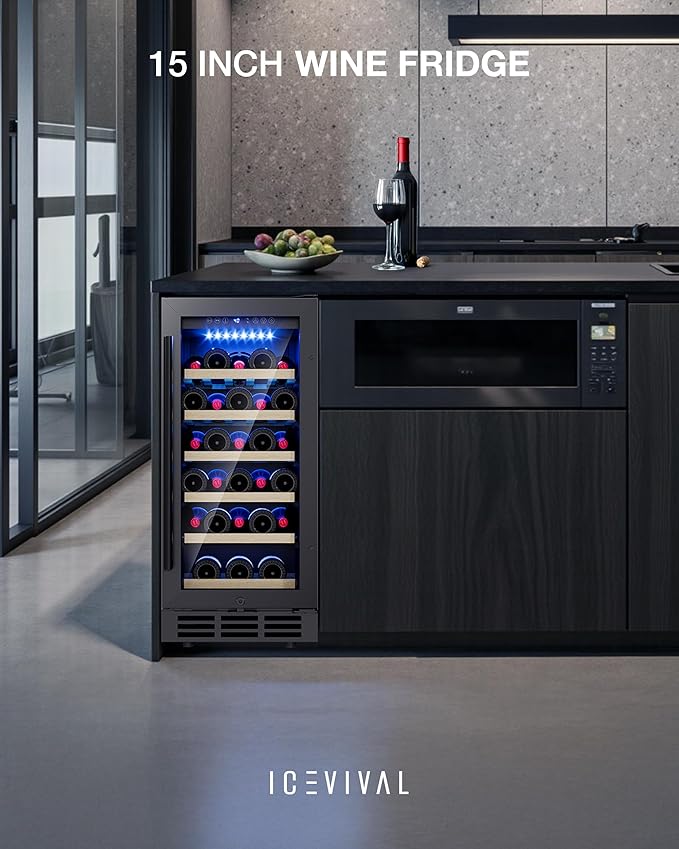 15 Inch Wine Cooler Refrigerator, 28 Bottle Wine Fridge with Removable Shelves, Wine Fridge Under Counter for Built-In or Freestanding with Double-Layer Glass Door, for Home, Office (Black)