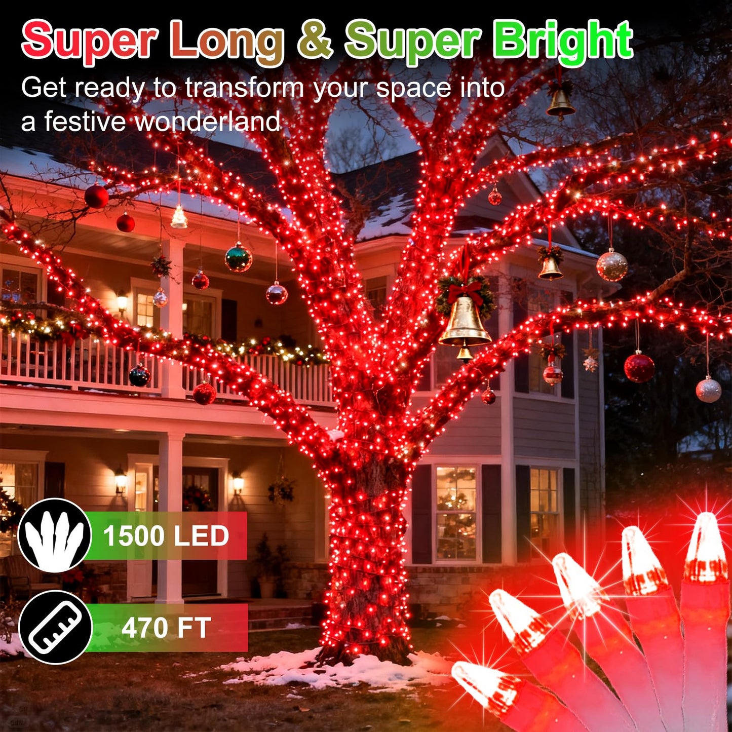 1500 Led 470Ft Christmas String Lights Outdoor  12 Pro Modes And Timer Memory & Brightness  Plug In Waterproof Clear Wire Twinkle Light For For Xmas Yard Tree Wedding Party Decor (Red)