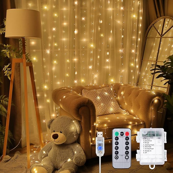 Meonum Curtain Tapestry Backdrop String Lights, Each 13 Strings 6.6 x 5 ft Tapestry Fairy String Light, 8 Modes Window Wal...