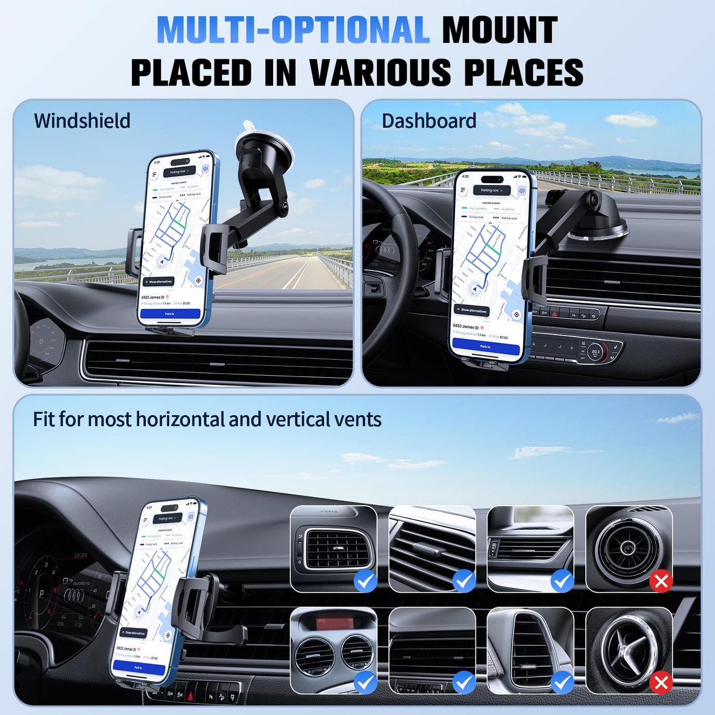 Suuson 3 In 1 Car Phone Holder, Dashboard & Windshield & Vent Universal Car Mount Phone Holder For Your Car, Cell Phone Holder T
