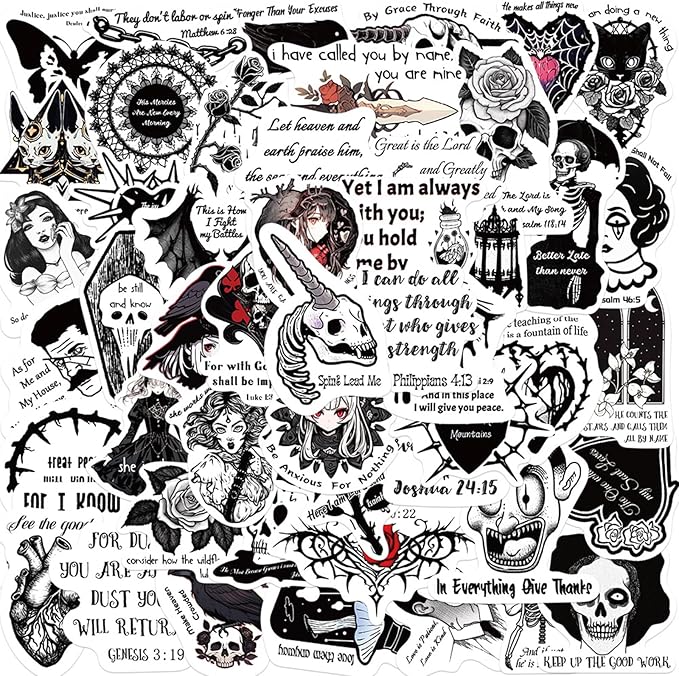 50Pcs Gothic Style Stickers Pack - Dark Aesthetic Vinyl Stickers, Easy to Apply, for Water Bottles, Laptops, Phones, Skateboards, Adults, Teens, Kids