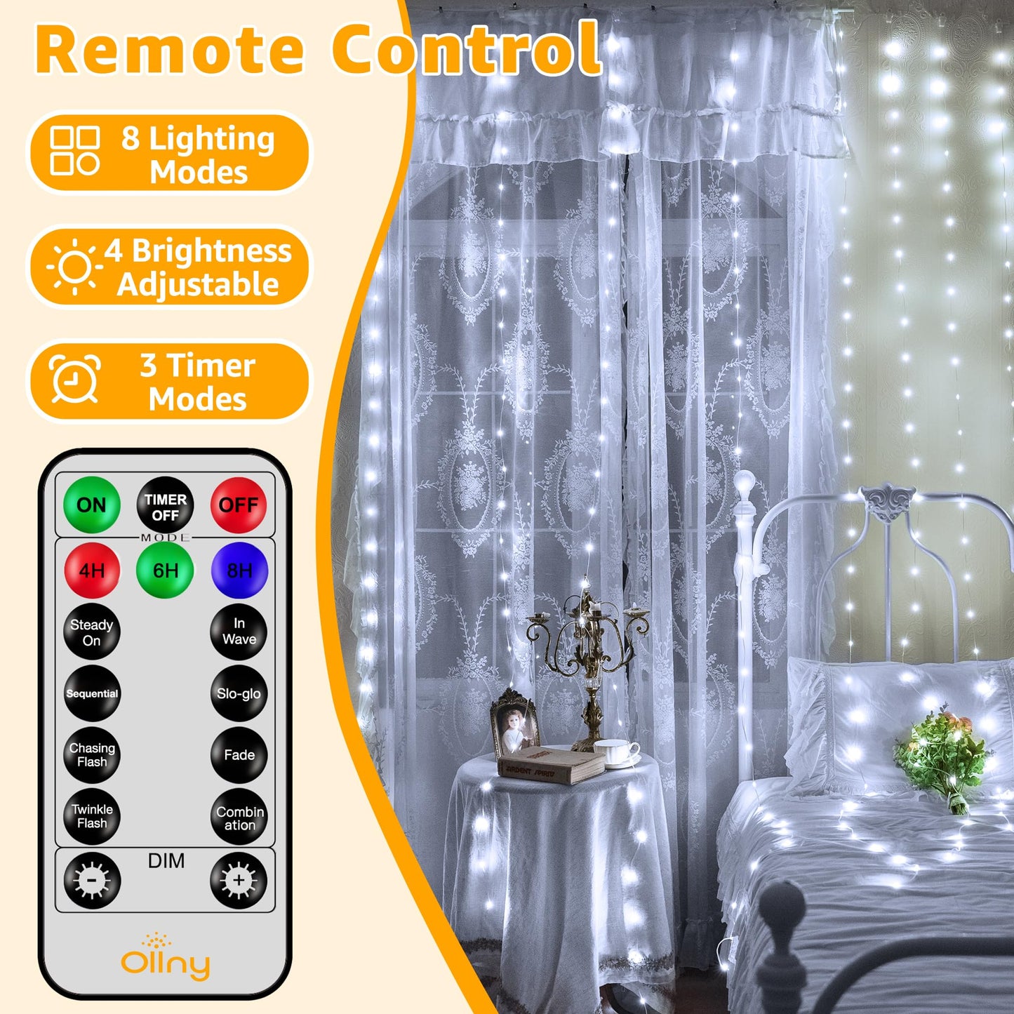 Ollny Curtain Lights 600Led 19.7Ft X 9.8Ft  Ip67 Waterproof Outdoor Curtain Rice Lights With Remote  Plug-In Untangle Fairy Curtain Light With 8 Modes 3 Timers For Wall Backdrop Decor(Cool White)