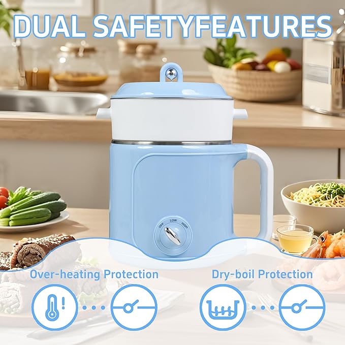 Hot Pot Electric with Steamer，2.0 L Ramen Cooker，Mini Portable Hot Pot for Cooking,Pasta, Shabu-Shabu, Oatmeal, Soup and Egg, Electric Cooker for Dorm, Office（Blue）