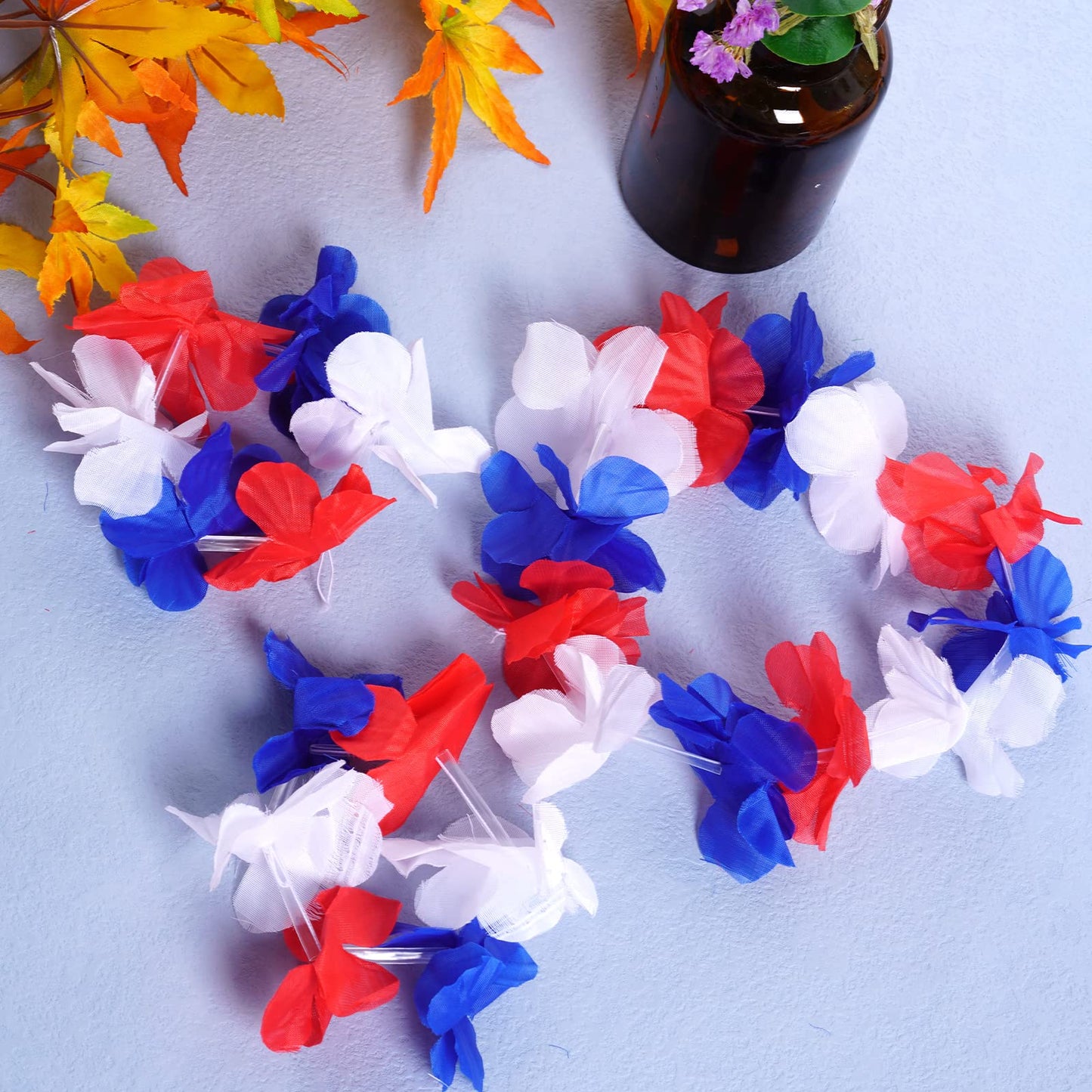 SUMERSHA 5 Set 20pcs Red White and Blue Flower Leis Patriotic 4th of July Decorations Hawaiian Luau Flower Necklace Headbands Wr