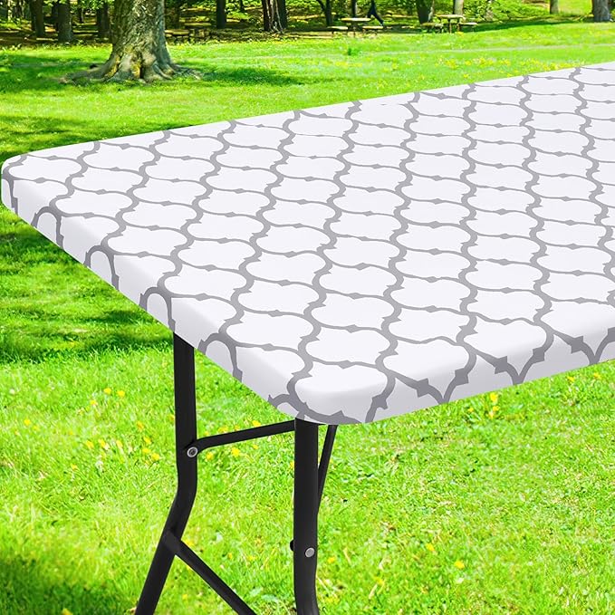 Smiry Rectangle Picnic Table Cover, Waterproof Elastic Fitted Camping Tablecloths for 6 Foot Tables, Wipeable Flannel Backed Vinyl Tablecloth Protector for Indoor, Outdoor (White, 36x72 Inches)