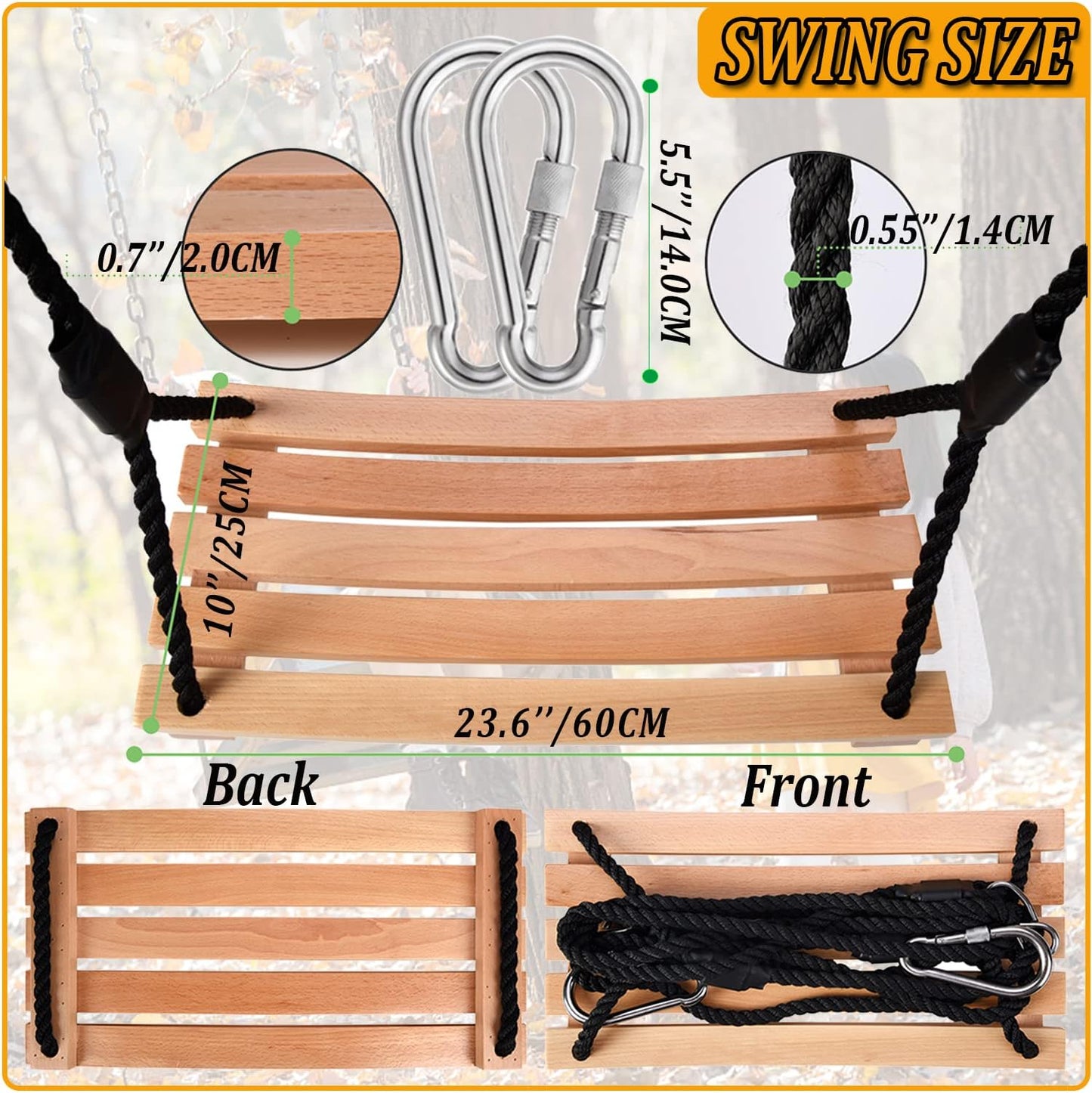 Taeku Adult Tree Swing, Hanging Beech Wood Swings with Adjustable Rope Garden Chair Seat Swing for Indoor Outdoor (24''x10'')