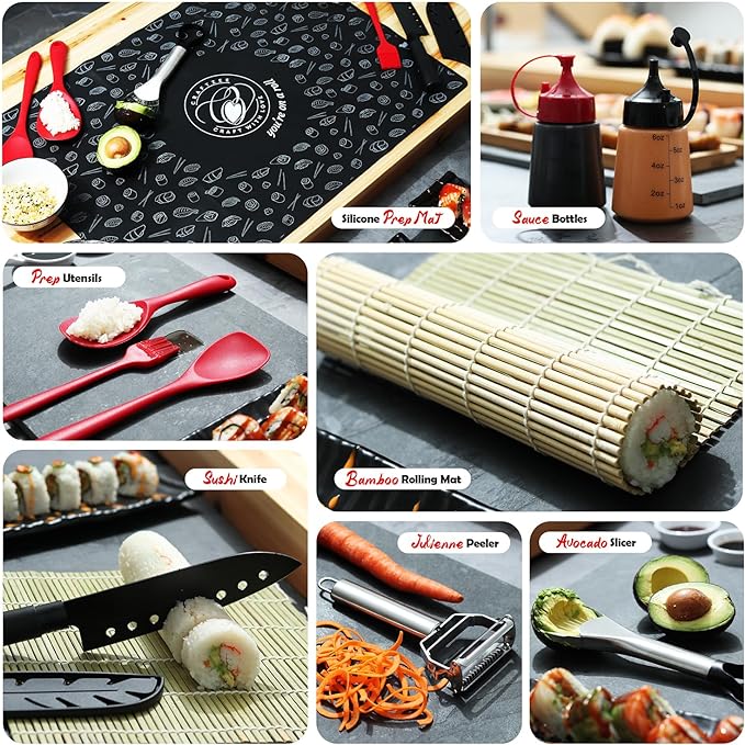 All-Inclusive 𝗣𝗥𝗘𝗠𝗜𝗨𝗠 Sushi Making Kit for Beginners & Professionals - Sushi Maker with Rice Cooker, Reusable Chopsticks, Bazooka, Sushi Roller, Book - Sushi Kit for Family BPA-Free