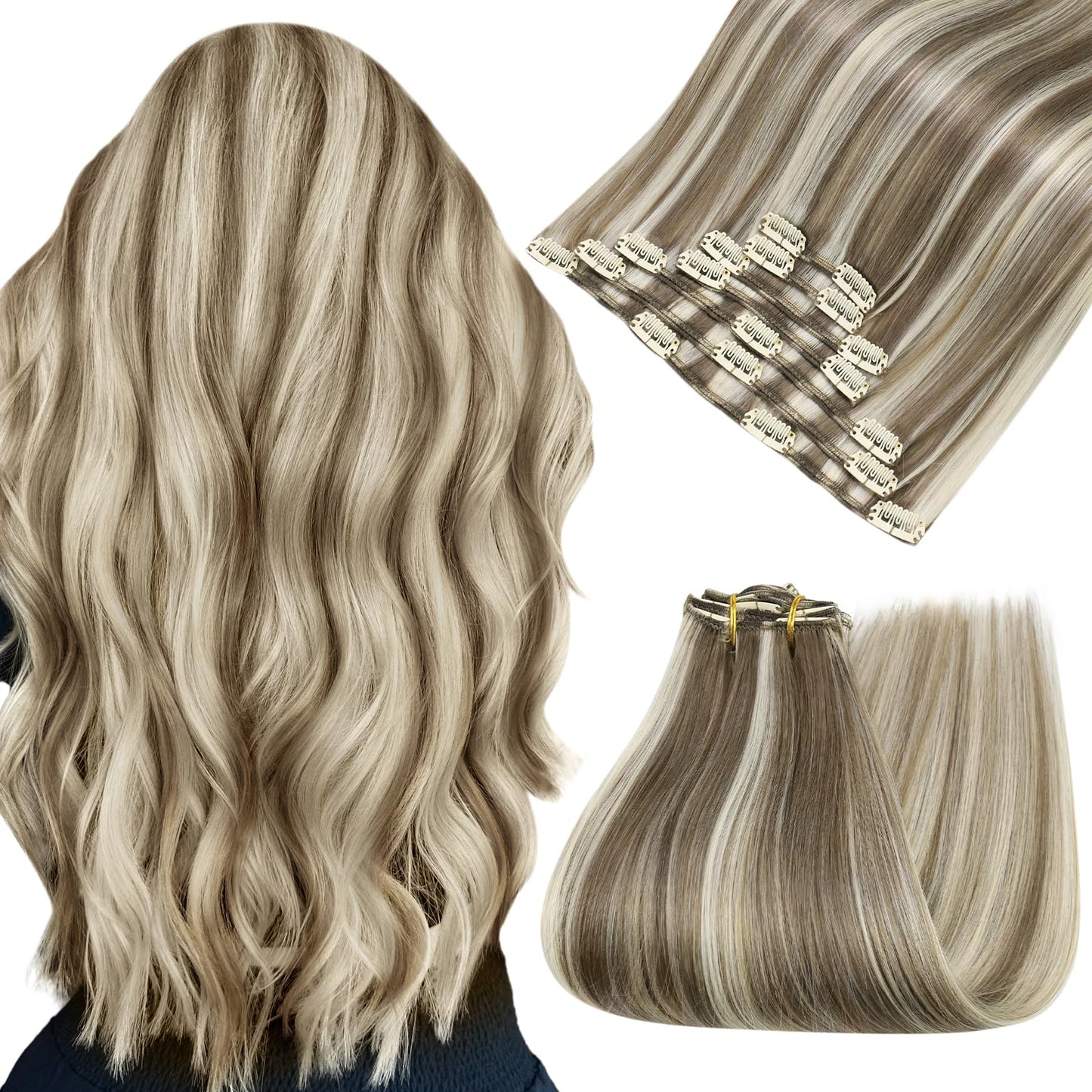 Easyouth Clip in Human Hair Extensions Highlight Straight Clip in Hair Extensions Real Human Hair Light Brown with Highlight Blo