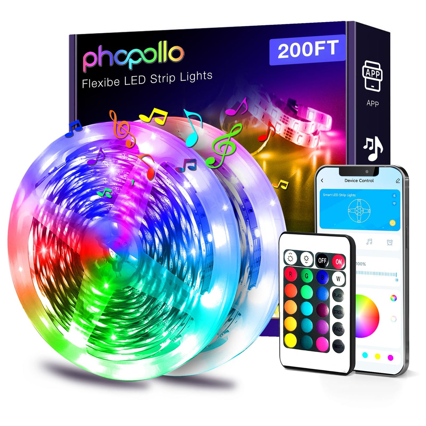 phopollo LED Strip Lights, Music Sync, Smart App Control, 200 ft, Multicolor