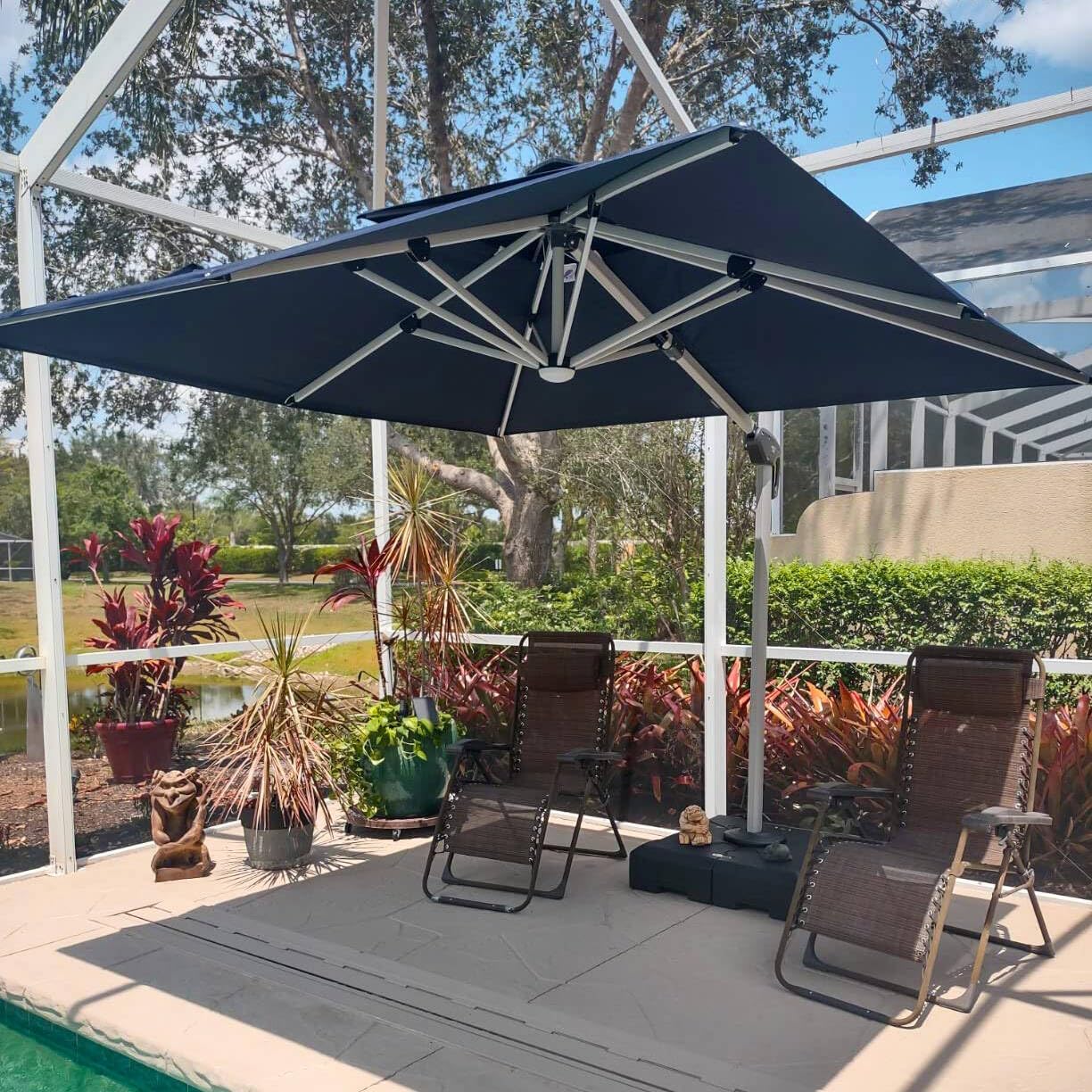 PURPLE LEAF 9' X 12' Double Top Deluxe Solar Powered LED Rectangle Patio Umbrella Offset Hanging Umbrella Outdoor Market Umbrella Garden Umbrella,Navy Blue