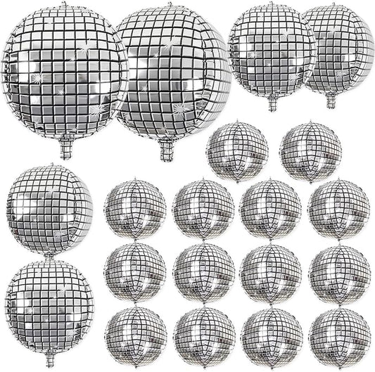 20Pcs Disco Ball Balloons Different Sizes- 4D Large Disco Balloons 32” 22” 10 Inch Assorted Round Metallic Silver Mylar Ba...