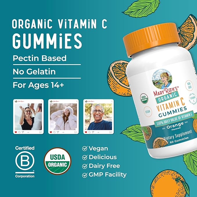 MaryRuth Organics Adult Vitamin C Gummies | USDA Organic | Vegan Chewable Vitamin C Gummies for Ages 4+ | for Immune Support & Overall Wellness | Vegan | Non-GMO | Orange Flavor | 60 Count