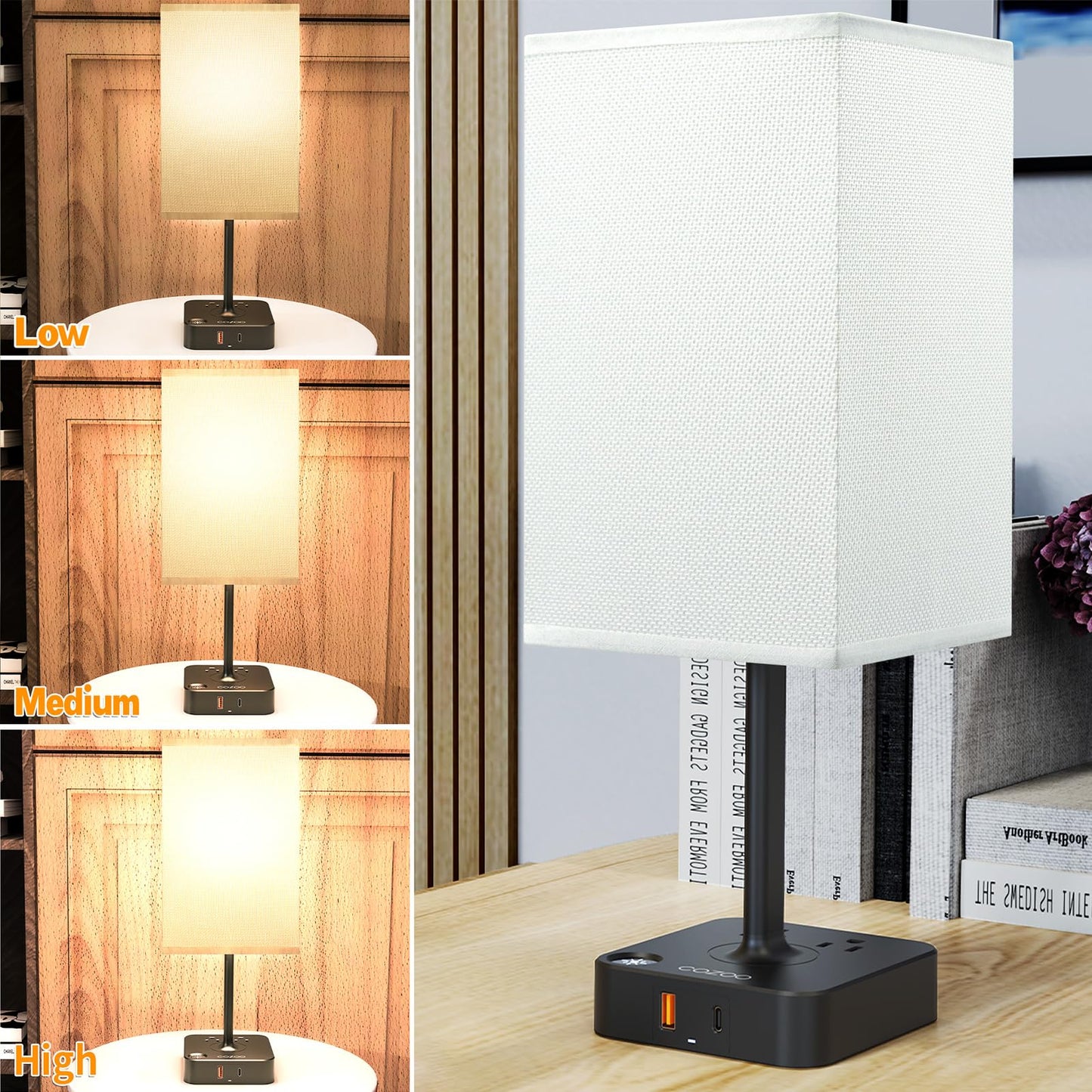 Cozoo USB Bedside Table Desk Lamp with 3 USB Ports, 2 Outlets, White Fabric Shade, 5.2inD x 5.2inW x 13.65inH