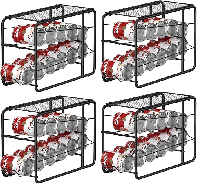 4 Pack Soda Can Organizer, Stackable Metal Can Dispenser for Pantry, Automatic Rolling Canned Food Organizer for Cabinet and Countertop, Black.