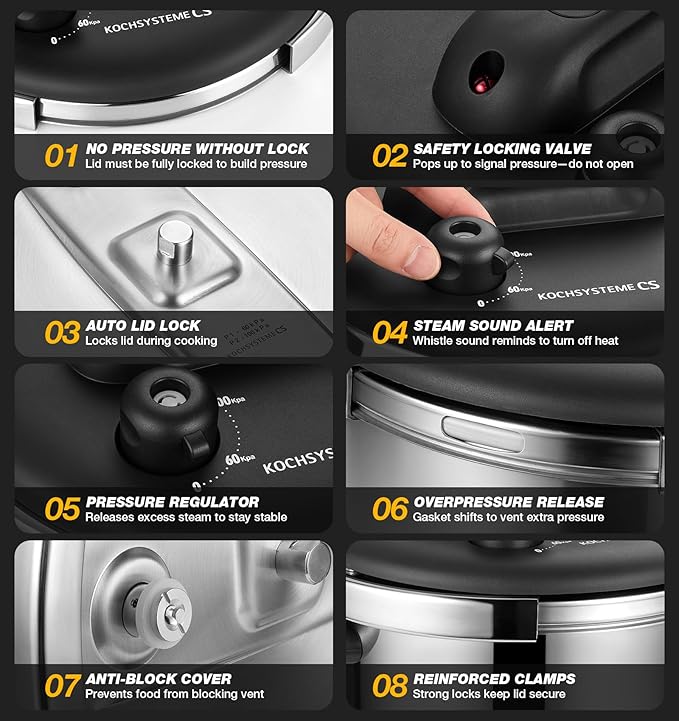 KOCH SYSTEME CS 8.5QT Pressure Cooker Stainless Steel, Olla de Presion, 18/10 Stainless Steel Pressure Cooker, Easy One-Press Lock Pressure Cookers, Induction Ready, Glass Lid & Steamer