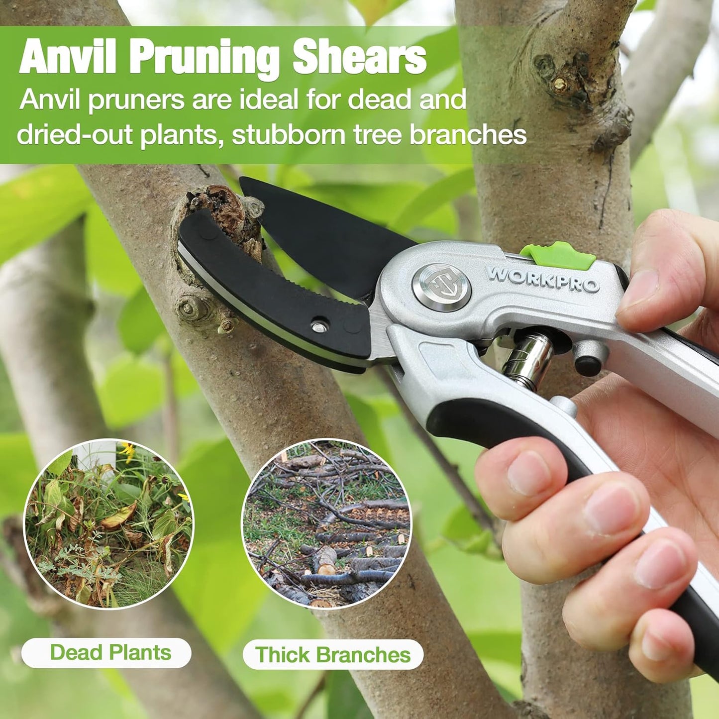WORKPRO Garden Anvil Pruning Shears, 8" Pruning Scissors Heavy Duty with Ergonomically Design Handle, Labor-Saving Garden Clippers Hand Tools for Thick Dry branches and Dead Plants