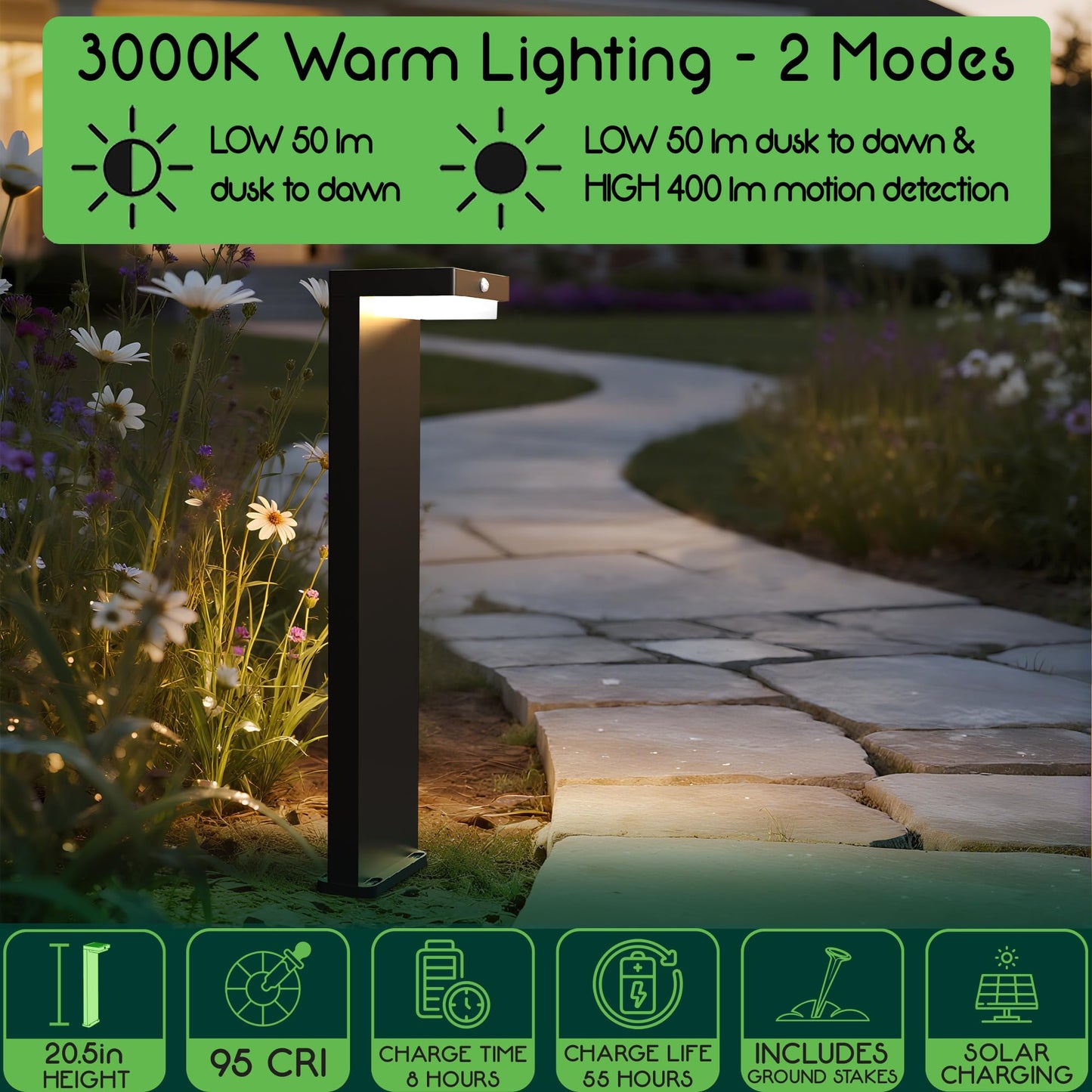 Verluce - Solar Pathway Lights - Walkway Solar Lights For Outside - Pir Sensor & Two Lighting Modes - Rechargeable Battery Lasts Up To 55 Hours - 3000K - Ip44 Weather Resistant - 4 Pack - 20.5 Height