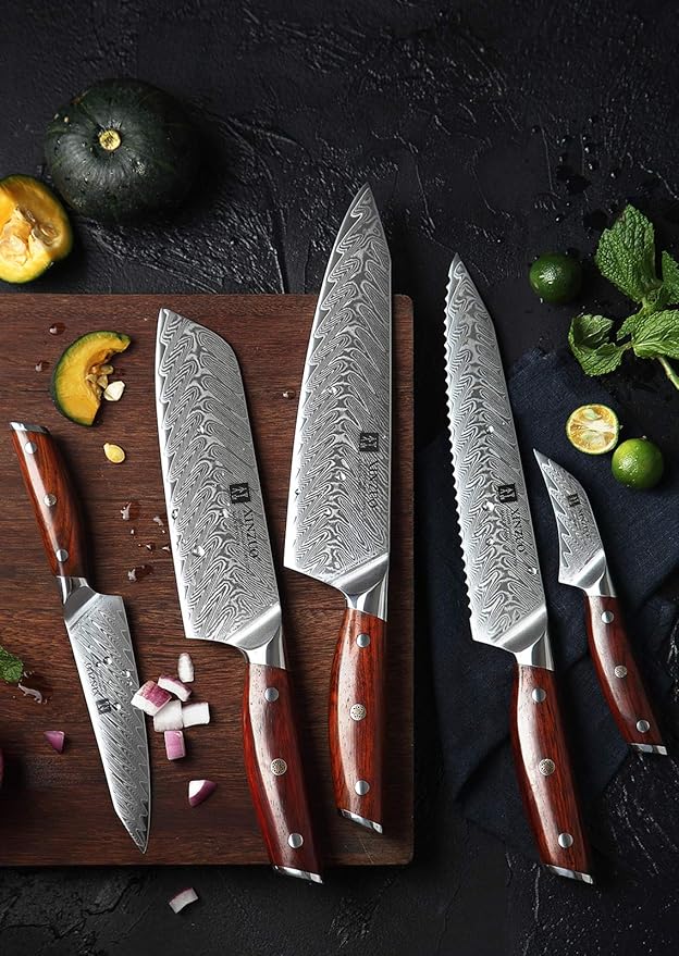 XINZUO 5 Pcs Knife Set, Professional Super Damscus Steel Kitchen Knife Set, Ultra Sharp Blade, Natural Rose Handle, Chef Gift Box-Yi Series